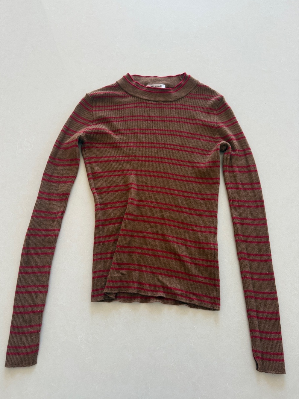 Madewell Pecan & Crimson Striped Rib-Knit Long Sleeve Crewneck